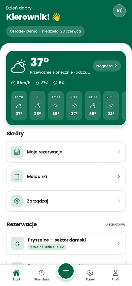 Ekran startowy aplikacji NaOsrodku: pogoda, skróty i rezerwacje zasobów